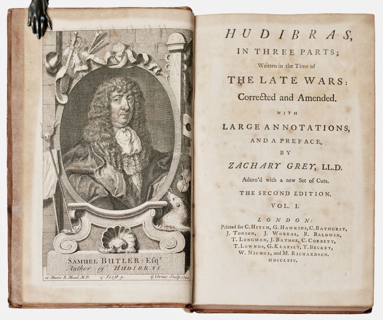 Item #BB0114 Hudibras, in three parts; written in the time of the late wars: corrected and amended. With large annotations, and a preface, by Zachary Grey LL.D. Adorn'd with a new set of cuts. Samuel BUTLER, William Hogarth, d.1680 bap.1613, illustrates.